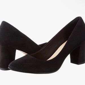Clarks Aubrie Black Suede Block Heel Pointed Toe Heels